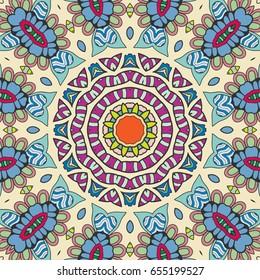 Decorative seamless mandala pattern. Colorful abstract art, stylized floral doodle background. Tribal ethnic ornate decoration. Arabic, indian, turkish ornament. Vector geometric repeating texture