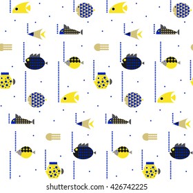 Decorative seamless marine colorful fish seamless pattern. Underwater background. Hand drawn corals, seaweeds and fish isolated on white.