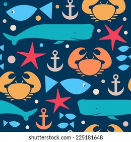 Decorative seamless marine pattern. Background with crab, fiddler crab, fish, cachalot, sperm-whale , whale, anchor