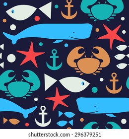 Decorative seamless marine pattern. Cute background with crab, fiddler crab, fish, cachalot, sperm-whale , whale, anchor