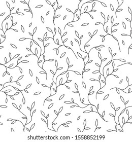 Decorative seamless monochromatic pattern with black sprouts with leaves on white background. Ideall for fabric, wallpaper, wrapping paper, pattern fills, textile, web page textures. Vector Eps 10