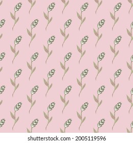 Decorative seamless nature pattern with simple little ear of wheat elements. Pastel pink background. Graphic design for wrapping paper and fabric textures. Vector Illustration.