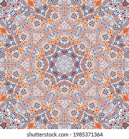 Decorative seamless ornament of simple geometry shapes structure. Graphic african design. Packaging print. Small elements background. Vector collage pattern.
