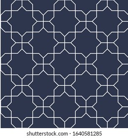 Decorative seamless ornamental vector pattern. Geometric oriental design. Eastern repeatable blue background. White thin elegant texture.