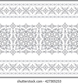 Decorative seamless ornate gray border  on white background. Element for design. Ornamental backdrop. Ornate floral decor for wallpaper. Traditional decor on a white background.