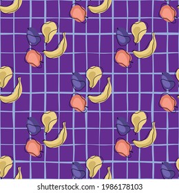 Decorative seamless pattern with abstract bananas, apples, plums and pears. Purple bright chequered background. Designed for fabric design, textile print, wrapping, cover. Vector illustration.