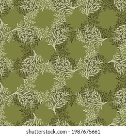 Decorative seamless pattern with abstract bush silhouettes shapes. Green olive background. Nature print. Stock illustration. Vector design for textile, fabric, giftwrap, wallpapers.