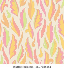 Decorative seamless pattern with abstract shapes of leaves and herbs. Artistic botanical vector background. Artisanal style of folk fairy tales allover print for fabric, textile, paper, package
