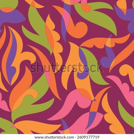 Decorative seamless pattern with abstract shapes of leaves and herbs. Artistic botanical vector background. Artisanal style of folk fairy tales allover print for fabric, textile, paper, package