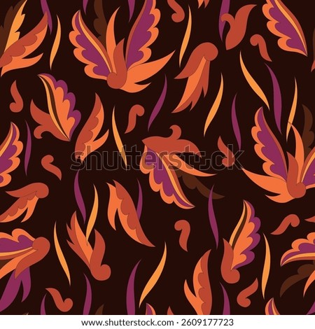 Decorative seamless pattern with abstract shapes of leaves and herbs. Artistic botanical vector background. Artisanal style of folk fairy tales allover print for fabric, textile, paper, package