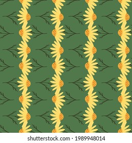 Decorative seamless pattern with abstract yellow daisy ornament. Flowers print on green background. Designed for fabric design, textile print, wrapping, cover. Vector illustration.