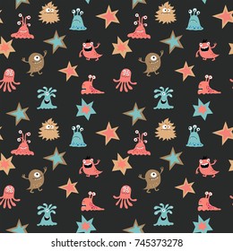 Decorative seamless pattern with a aliens and stars