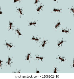 Decorative seamless pattern with ants. 
Endless ornament with chaotic red ants on blue backdrop. Stylish ant background.