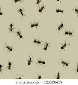 Decorative seamless pattern with ants. 
Endless ornament with chaotic red ants on beige backdrop. Stylish ant background.