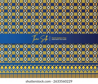 Decorative seamless pattern background. Inspired by North Eastern Thai silk pattern style called "Sin Mak Bok". Colored in navy blue and gold.