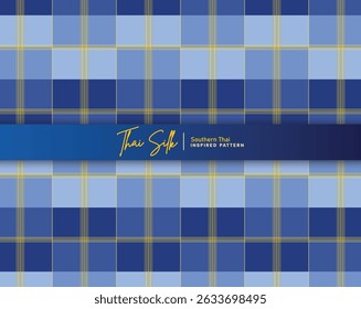 Decorative seamless pattern background. Inspired by Southern Thai silk pattern called "Sarong Tarang". Colored in navy blue and gold.