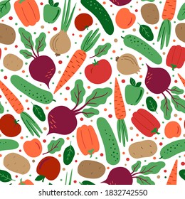 Fondo decorativo sin costura con verduras estilizadas: tomate, pepino, remolacha, zanahoria, pimienta, papa, cebolla, verduras. Verduras de diseño plano aisladas en un fondo blanco. Vector.