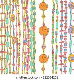 Decorative seamless pattern with beads and orange elephants. Vector colorful texture of beads on white