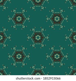 Decorative seamless pattern with beautiful flowers texture designs on green backgrounds for home textile, wallpapers, fabrics, gift wrapping, templates, scrapbook. Vector.