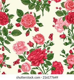 Decorative seamless pattern with beautiful shabby roses.  Elegance floral vector illustration.