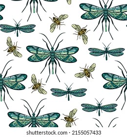 Decorative seamless pattern with beauty flying insects