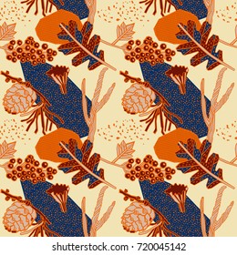 Decorative seamless pattern, berries and autumn leaves.