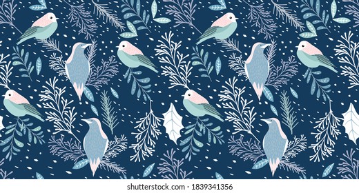 decorative seamless pattern with birds and winter elements. cypress, fir, pine tree, holly, yew.