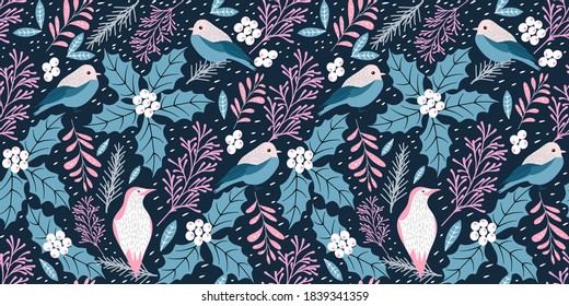 decorative seamless pattern with birds and winter elements. cypress, fir, pine tree, holly, yew.