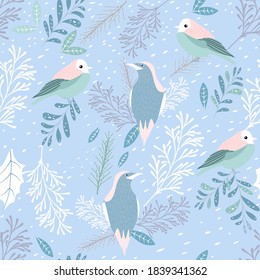 decorative seamless pattern with birds and winter elements. cypress, fir, pine tree, holly, yew.