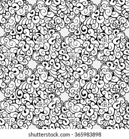 Decorative seamless pattern. Black and white drawing. Can be used as an independent illustration, design element, for coloring books, coloring for art therapy, postcards.
