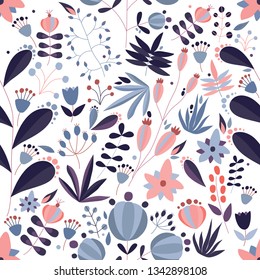 Decorative seamless pattern with blooming meadow flowers and wild flowering plants on white background. Botanical backdrop. Flat floral vector illustration for wrapping paper, wallpaper, fabric print.