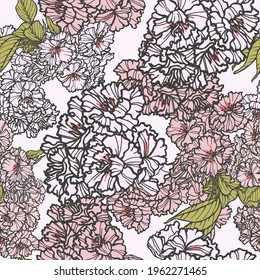 Decorative seamless pattern with blossom branches. Endless floral ornament with hand drawn pink flowers of spring tree on light backdrop. Stylish background for fabric, wrapping, decoration.