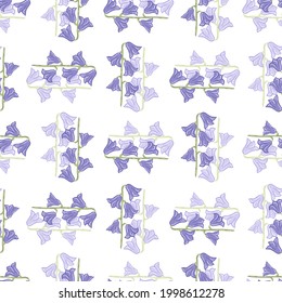 Decorative seamless pattern with blue abstract bell flower silhouettes ornament. Isolated print. White background. Flat vector print for textile, fabric, giftwrap, wallpapers. Endless illustration.