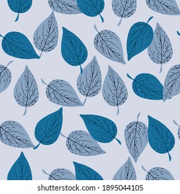 Decorative seamless pattern with blue colored foliage shapes. Leaves backdrop. Flat vector print for textile, fabric, giftwrap, wallpapers. Endless illustration.