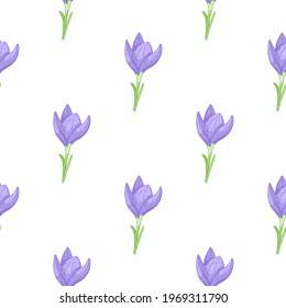 Decorative seamless pattern with blue crocus flowers cute ornament. White background. Isolated floral print. Flat vector print for textile, fabric, giftwrap, wallpapers. Endless illustration.