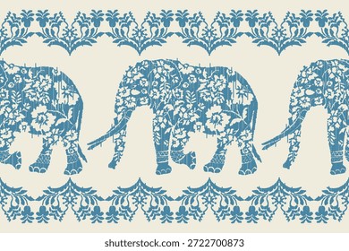 Decorative seamless pattern with blue floral elephants in traditional folk art style. Ideal for wallpaper, fabric, textiles, wrapping paper, home décor, and ethnic design projects.