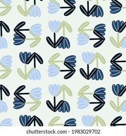 Decorative seamless pattern with blue and navy tulip flowers elements. Light grey background. Graphic design for wrapping paper and fabric textures. Vector Illustration.