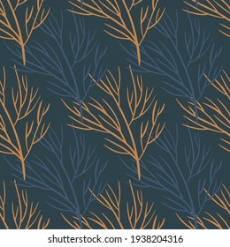 Decorative seamless pattern with blue and orange tree branches print. Navy blue background. Simple style. Perfect for fabric design, textile print, wrapping, cover. Vector illustration.