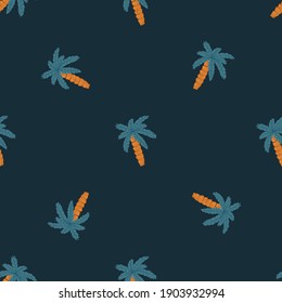 Decorative seamless pattern with blue palm tree ornament. Dark background. Doodle style nature hawaii print. Flat vector print for textile, fabric, giftwrap, wallpapers. Endless illustration.