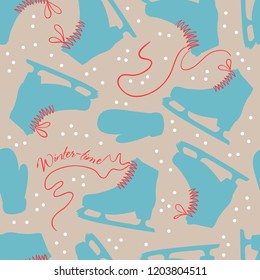 Decorative seamless pattern with blue silhouettes of skates and mittens. Winter seamless pattern. Stylish background for wrapping, wallpaper, fabric.