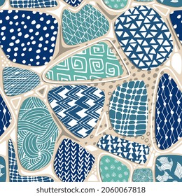 Decorative seamless pattern with blue stones and hand drawn ornaments and textures. Vector illustration.