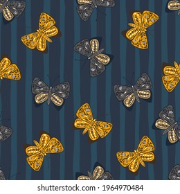 Decorative seamless pattern with botanic print butterfly elements in folk style. Navy blue striped background. Great for fabric design, textile print, wrapping, cover. Vector illustration.