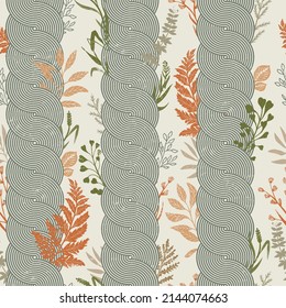 Patrón decorativo sin fisuras con trenzas y hierbas. Una solución moderna y original para tapicería y tejidos. Fondo texturado, colores naturales naturales.