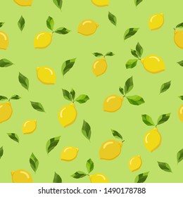 Decorative seamless pattern. Bright and fresh lemons on light green background.