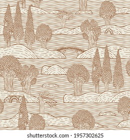 Decorative seamless pattern with brown contour drawings of trees, islands, bridges on the water. Cartoon vector background in retro style. Suitable for coloring book, wallpaper, wrapping paper, fabric