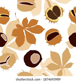 Decorative seamless pattern with brown fruits and chestnut leaves isolated on white. Autumn background with plants and crops for packaging paper, upholstery, printing on fabric. Vector illustration.