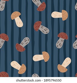 Decorative seamless pattern with brown mushroom ornament. Navy blue striped background. Designed for fabric design, textile print, wrapping, cover. Vector illustration.