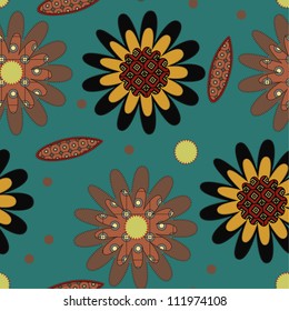 decorative seamless pattern with brown and orange daisies