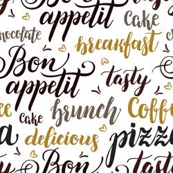 Decorative Seamless Pattern With Brush Calligraphy Style Lettering. Food Concept. Design Template For Cafes, Restaurants, Menu. Vector Illustration.