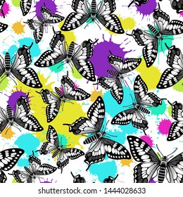 Decorativo patrón sin fisuras con mariposas. Antecedentes del libro de colorear. Ideal para papel pintado, tela, textil. Estilo vectorial plano. Ilustración vectorial. 